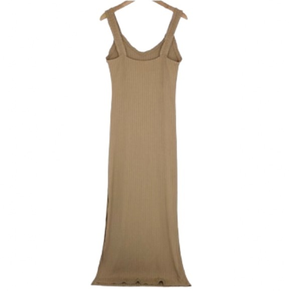 Y2K Ribbed Maxi Tank Dress Bodycon Tan High Slit Ruffle Straps Women’s Size XL - Picture 9 of 10